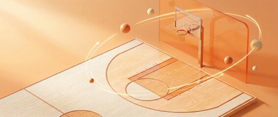 3D Rendered Basketball Court, Abstract Motion Lines, Floating Spheres, Future Sport Technology, Wooden Floor, Dynamic Energy, Glowing Swirls, Analytics Concept, Copy Space