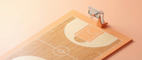 3D Rendered Basketball Court, Isometric Sport Arena Background, Wooden Floor Texture, Minimalist Hoop And Ball Illustration, Orange Pastels, Competition Game Concept, Copy Space