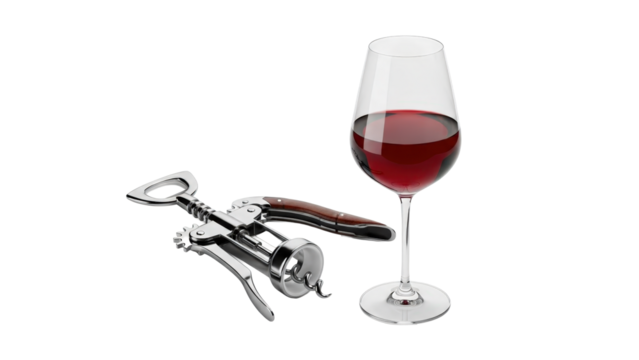 Wine glass with red wine and metal corkscrew on transparent background - Powered by Adobe