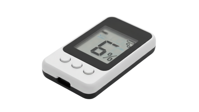 A white digital device with a black screen and buttons on a transparent background - Powered by Adobe