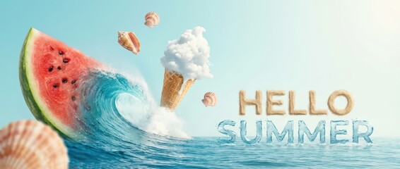Refreshing summer wave splashing ice cream cone with watermelon slices coastal beach setting vibrant graphics cheerful and inviting atmosphere