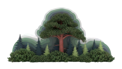 Layered forest scene with large pine tree and evergreen trees