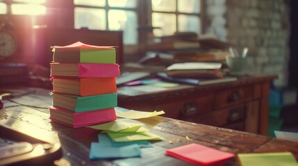 A photo of a stack of colorful sticky notes on a desk.