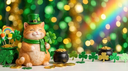 Festive cat figurine celebrating st. Patrick's day vibrant green background decorative image cheerful atmosphere close-up view luck and joy concept