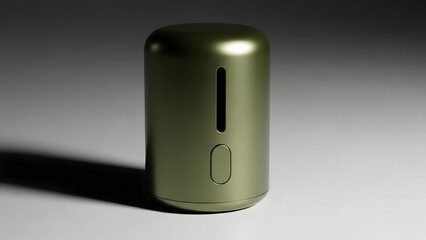 Olive green metallic object with a vertical slit and embossed lettering