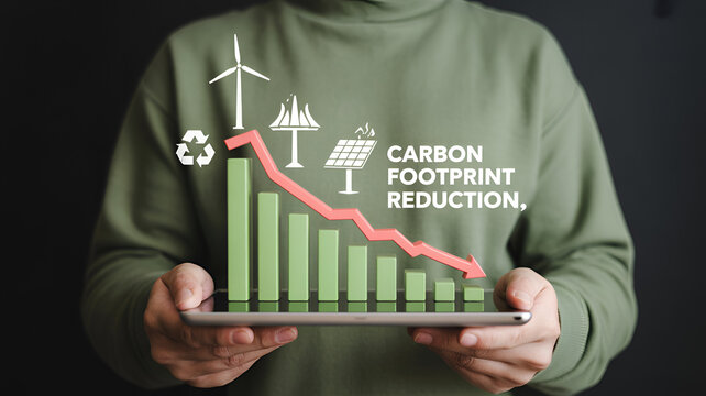 Person holding tablet displaying green bar graph with downward red trend line illustrating carbon footprint reduction through renewable energy and recycling - Powered by Adobe