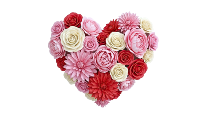 Heart-shaped arrangement of red, pink, and cream flowers on a white background