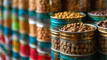 A photo of a stack of pet food cans.