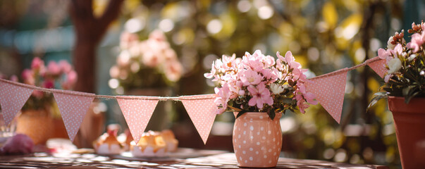 Spring birthday party decoration with bunting, flowers, and warm daylight 32k ultra HD