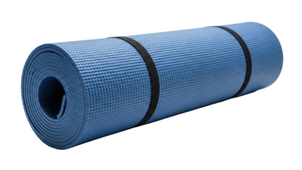 A blue yoga mat rolled up with black straps around it isolated on transparent background