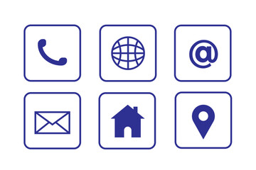 Web contact icon set blue outline on white square button for minimalist website navigation.