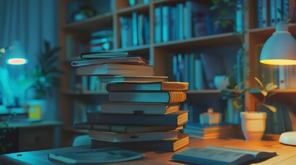 A photo of a stack of textbooks on a desk.