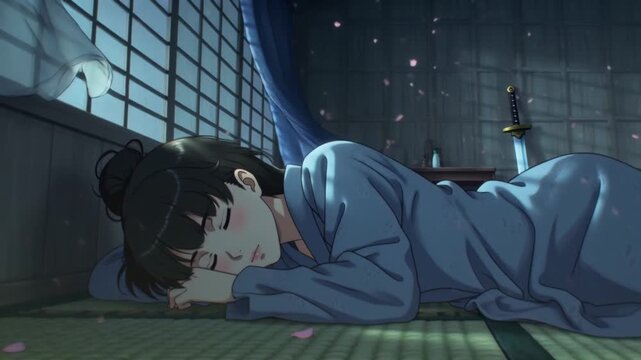 Cinematic 4K anime scene young female anime warrior in blue pajamas asleep futon, exhausted after battle, moonlight streaming shoji screens, delicate patterns face hair, faint glow sword leaning wall