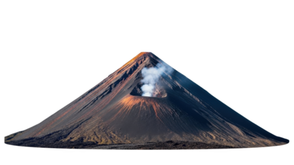 Volcano emitting smoke on a rugged landscape with dark brown terrain isolated on transparent background