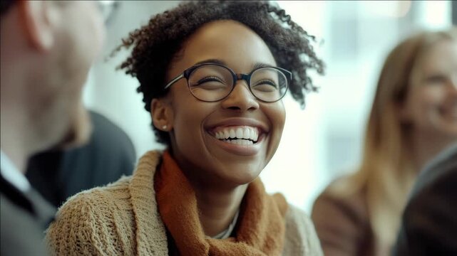Smiling black-haired young professional at work engaging in conversation with group of smiling people during conference call
