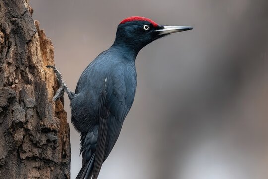 Black woodpecker perched on tree trunk featuring red crest and sharp beak