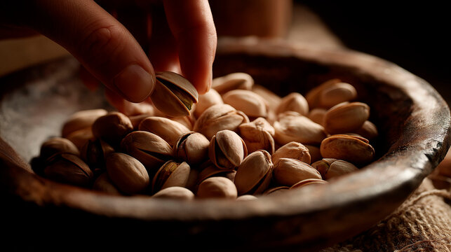 hand gently picking a pistachio nut from a rustic bowl filled with pistachios in shell on a wooden surface creating a warm natural food scene for healthy nutrition and snacks