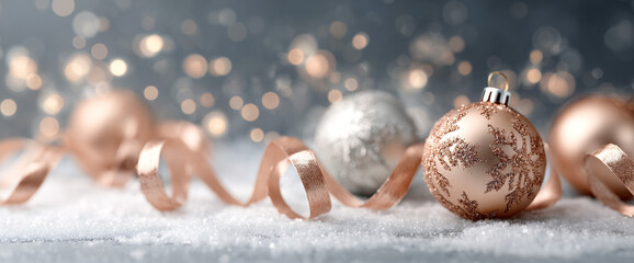 Elegant ribbon trails weaving around silver and rose-gold ornaments, matte snow surface and warm bokeh lighting, 32k