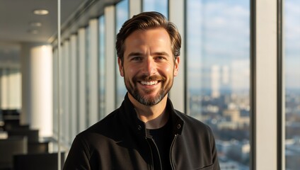Fototapeta premium Confident Bearded Entrepreneur Portrait in Sunlit High-Rise Office Space