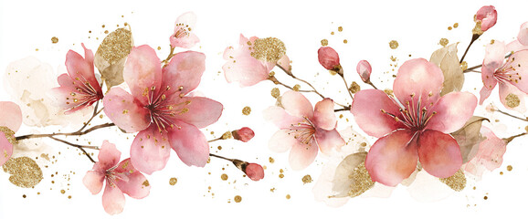 Elegant sakura seamless stationery pattern, embossed matte paper texture, watercolor ink wash blossoms and delicate gold foil dusting, 32k ultra HD