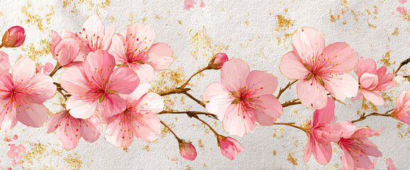 Elegant sakura seamless stationery pattern, embossed matte paper texture, watercolor ink wash blossoms and delicate gold foil dusting, 32k ultra HD