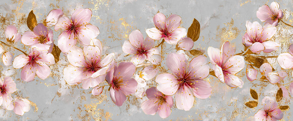 Elegant sakura textile repeat pattern, gold foil highlights on watercolor blossoms, matte woven fabric texture background, seamless 32k