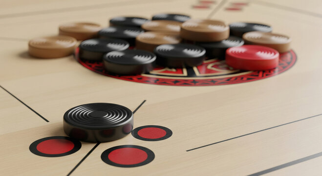 Carrom Board Game: Black Piece Ready to Strike