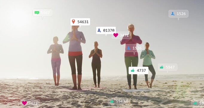 Animation of social media data processing over diverse women exercising on beach