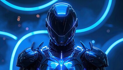 Fototapeta premium Futuristic Cybernetic Warrior with Neon Blue Accents.