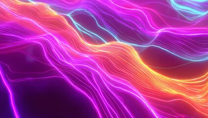 Abstract terrain of glowing neon lines creating vibrant wavy landscape, colorful digital art depicting futuristic grid mesh in electric light