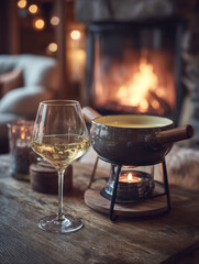 Fototapeta premium Authentic Swiss Cheese Fondue Pot and Glass of White Wine on a Rustic Wooden Table in Front of a Warm Glowing Fireplace Creating a Cozy Winter Alpine Chalet Interior Atmosphere for Luxury Dining