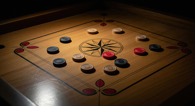 Traditional Carrom Board Game Setup with Colorful Coins Under Spotlight