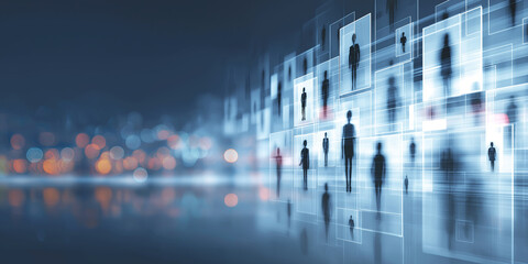 Obraz premium A network of diverse professional profiles floats above a blurred global cityscape.