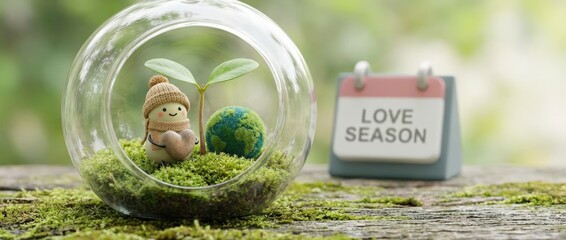 Nature-themed figurine celebrating love season in a glass terrarium lush green environment close-up view concept of sustainability and romance