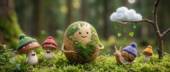 Celebrating earth day with happy characters in a lush forest cute nature scene featuring mushroom friends snail and planet earth concept of environmental care