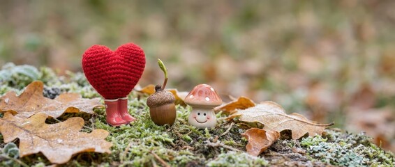 Whimsical display of crocheted heart acorn and smiling mushroom in natural autumn setting nature photography outdoor close-up view creative concept