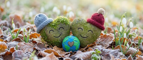 Heartwarming nature scene with smiling stone hearts and earth autumn leaves outdoors close-up love for the planet