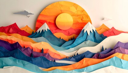 Colorful paper-art landscape of mountains, sun, and clouds