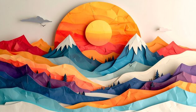 Colorful paper-art landscape of mountains, sun, and clouds
