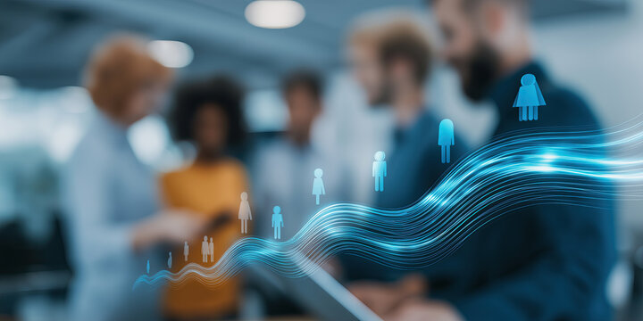 A group of professionals is guided by a glowing, upward-trending digital arrow.