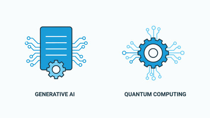 Fototapeta premium Generative AI and Quantum Computing Icons in Blue Color with Gears and Circuit Boards for Technology Illustration