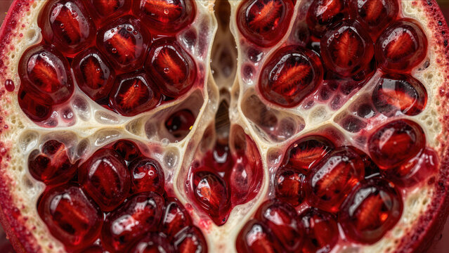 Macro close-up of fresh red pomegranate seeds showcasing the intricate natural patterns and juicy textures of this healthy organic fruit for food design.