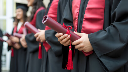 Graduates in black and red academic regalia hold diplomas outdoors in a celebratory atmosphere with a blurred background