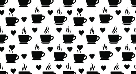  Seamless vector pattern with black coffee cup silhouettes and hearts monochrome background texture 2026
