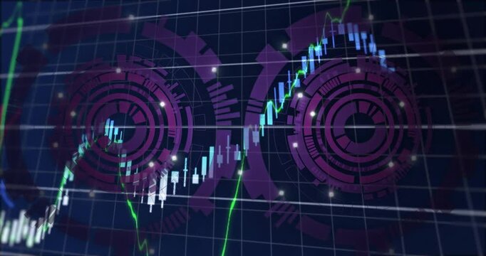 Analyzing stock market, digital graphs and charts in futuristic animation style