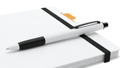 White Ballpoint Pen on a White Notebook with Black Elastic Band and Orange Tab