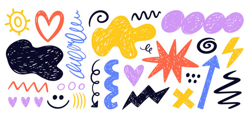 Fototapeta premium Trendy textured scribble doodle shapes set collage