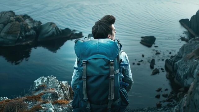 Person in backpack exploring the wilderness.