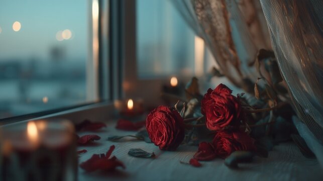 Valentine's day.valentine day romance in recycle concept red rose petal with candle light near window create nostalgic mood and love memory for couple celebration and tender feeling