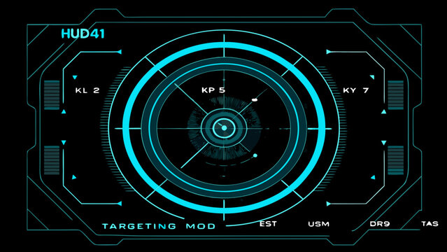 Futuristic targeting system display with a bright teal circular reticle interface